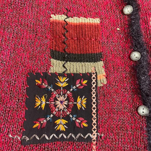 Vintage Granny Cardigan Sweater Burgundy Size 1X Embroidered Patchwork Fur Trim - Picture 7 of 10